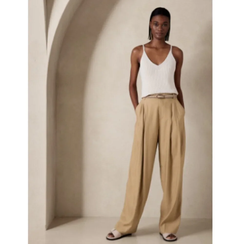 Banana Republic LENA Linen WIDE LEG Black PLEATED Pant sz 6 PETITE #629205 $140